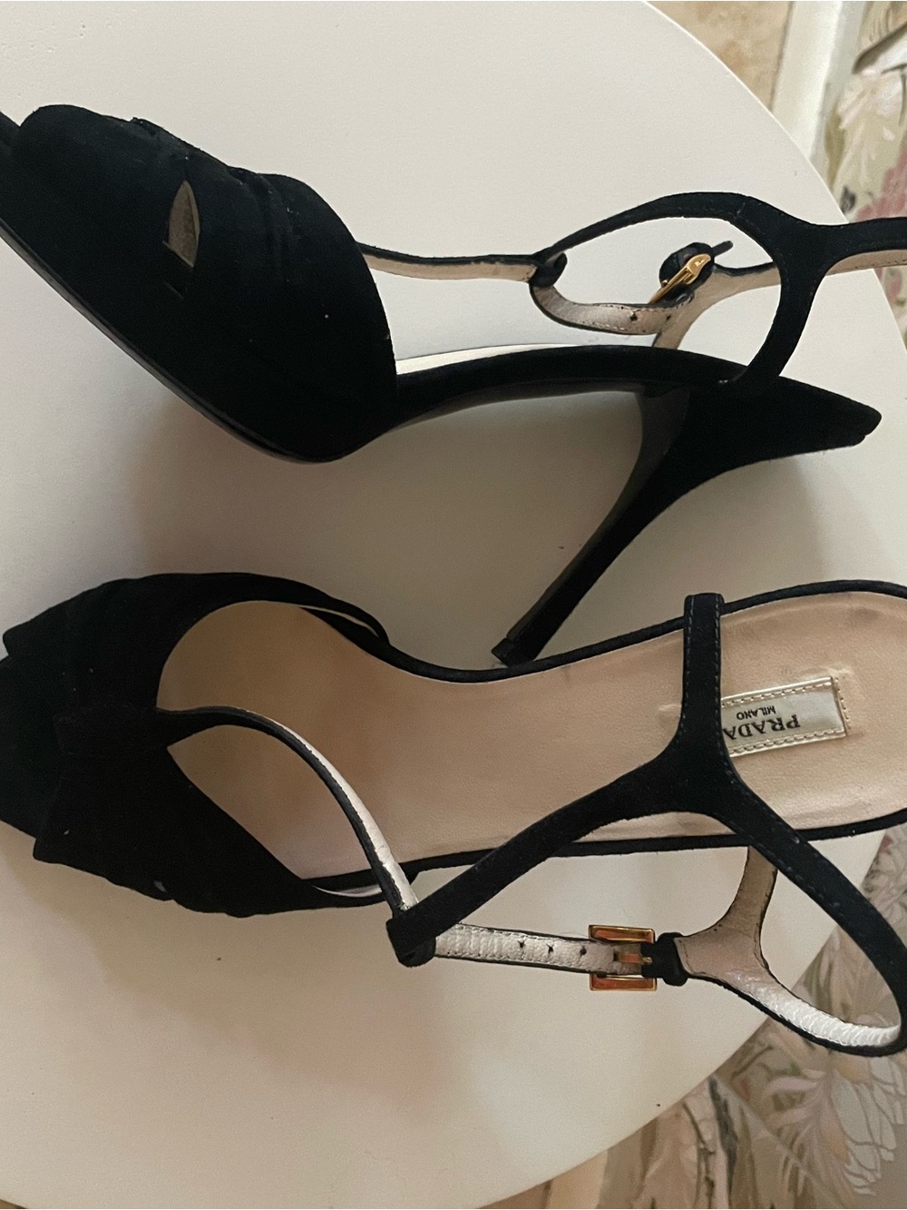 Prada Black Suede Peep-Toe Slingback Heels with Gold Buckle